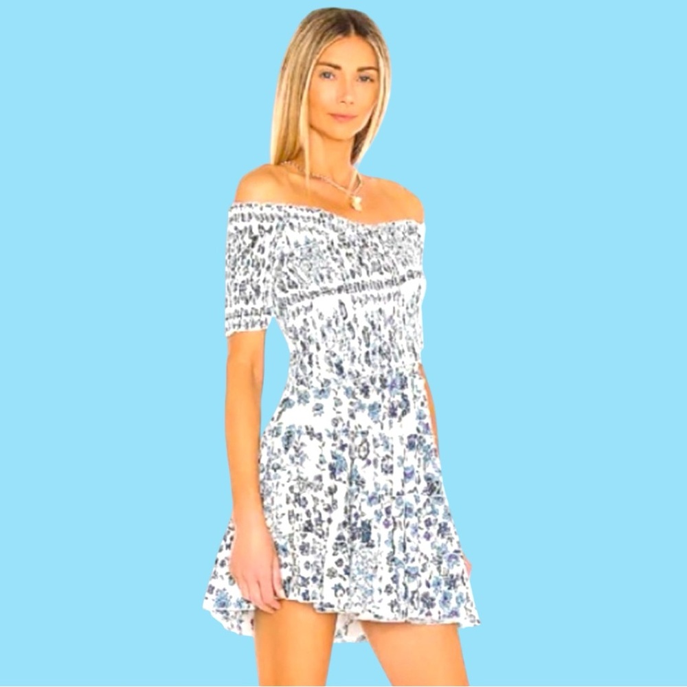 Poupette St. Barth Soledad Off-Shoulder Mini Dress – Blue & White- Size L